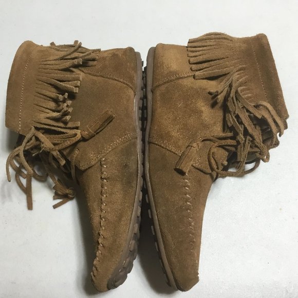 Minnetonka Brown Leather Fringe Boho Hippie Lace Up Tassel Ankle Bootie Women 8 - Picture 7 of 10